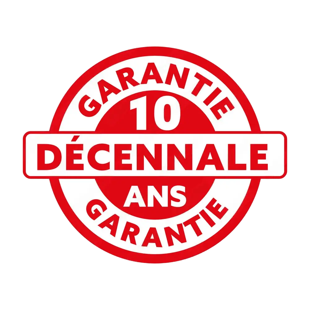 Rénovation et entretien de piscine 22 Logo rouge « Garantie décennale 10 ans » indiquant une assurance couvrant les travaux pendant dix ans après réalisation.