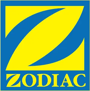 Rénovation et entretien de piscine 19 Logo de la marque Zodiac en bleu et jaune avec symbole stylisé en forme de voile et nom « Zodiac » inscrit en dessous.