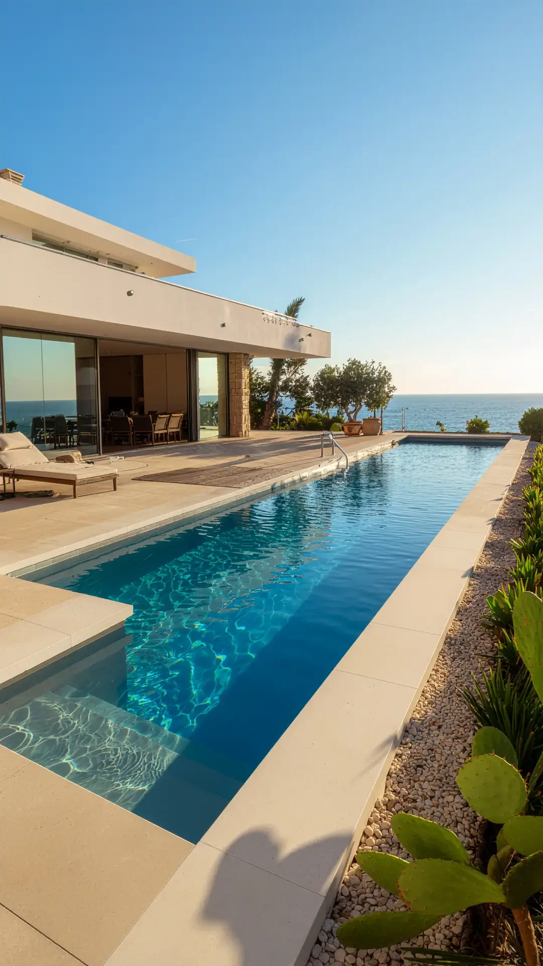 Piscine rénovée dans une villa moderne à Cannes avec bassin rectangulaire et vue mer