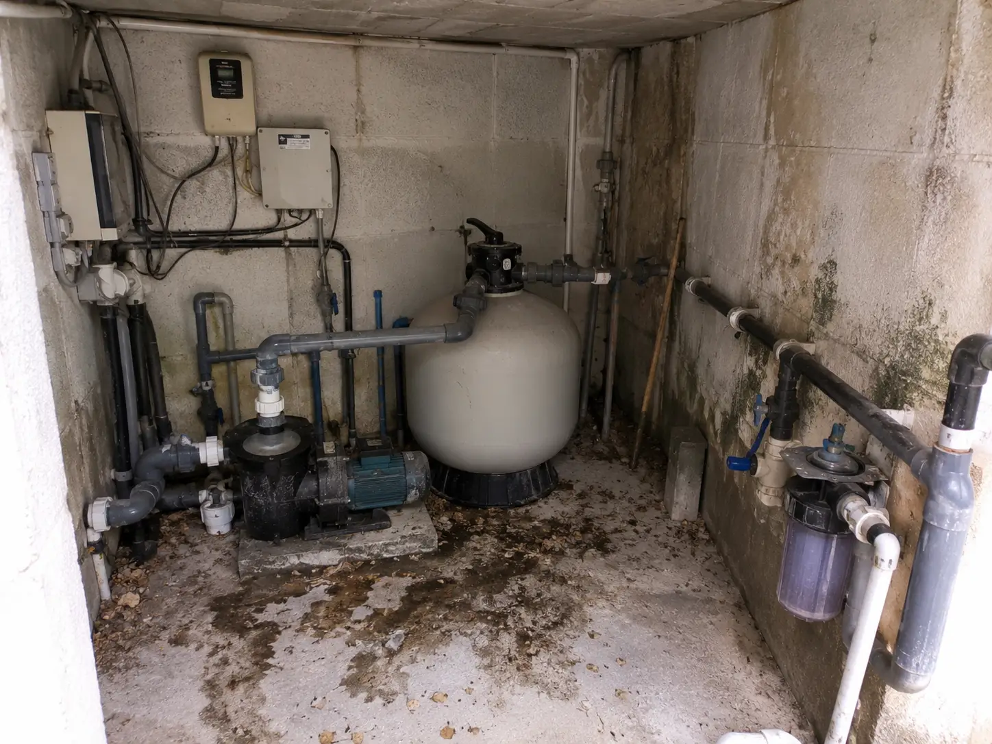 Local technique ancien avec humidité et installation vieillissante