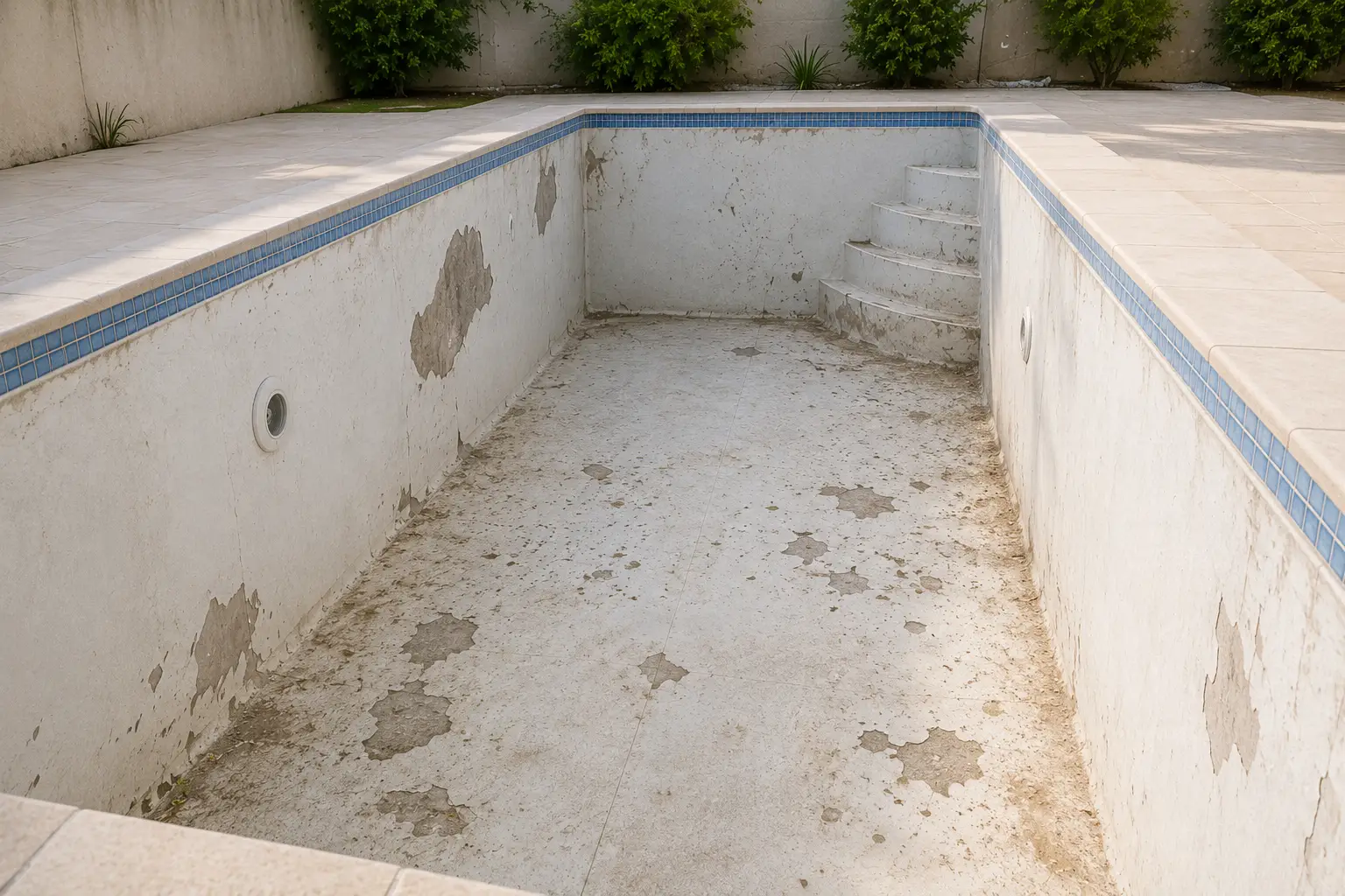 Piscine dégradée avec fissures et étanchéité abîmée