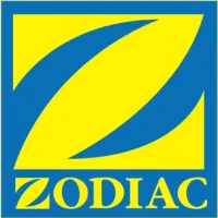 Logo de la marque Zodiac en bleu et jaune avec symbole stylisé en forme de voile et nom « Zodiac » inscrit en dessous.